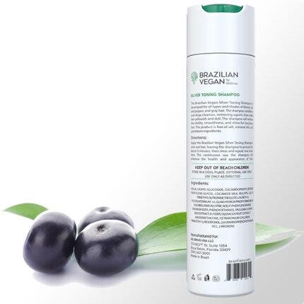 Brazilian Vegan Silver toning shampoo for gray, white and blond hair. back label